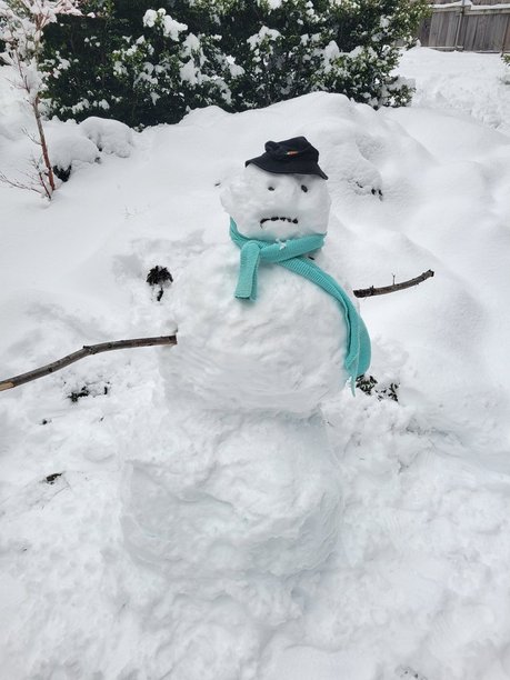 snowman with a floppy hat and scarf